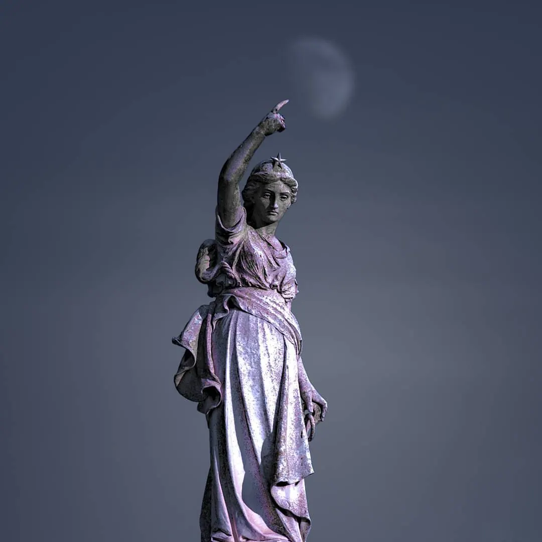 A pale statue raises an arm toward the moon against a blue sky.