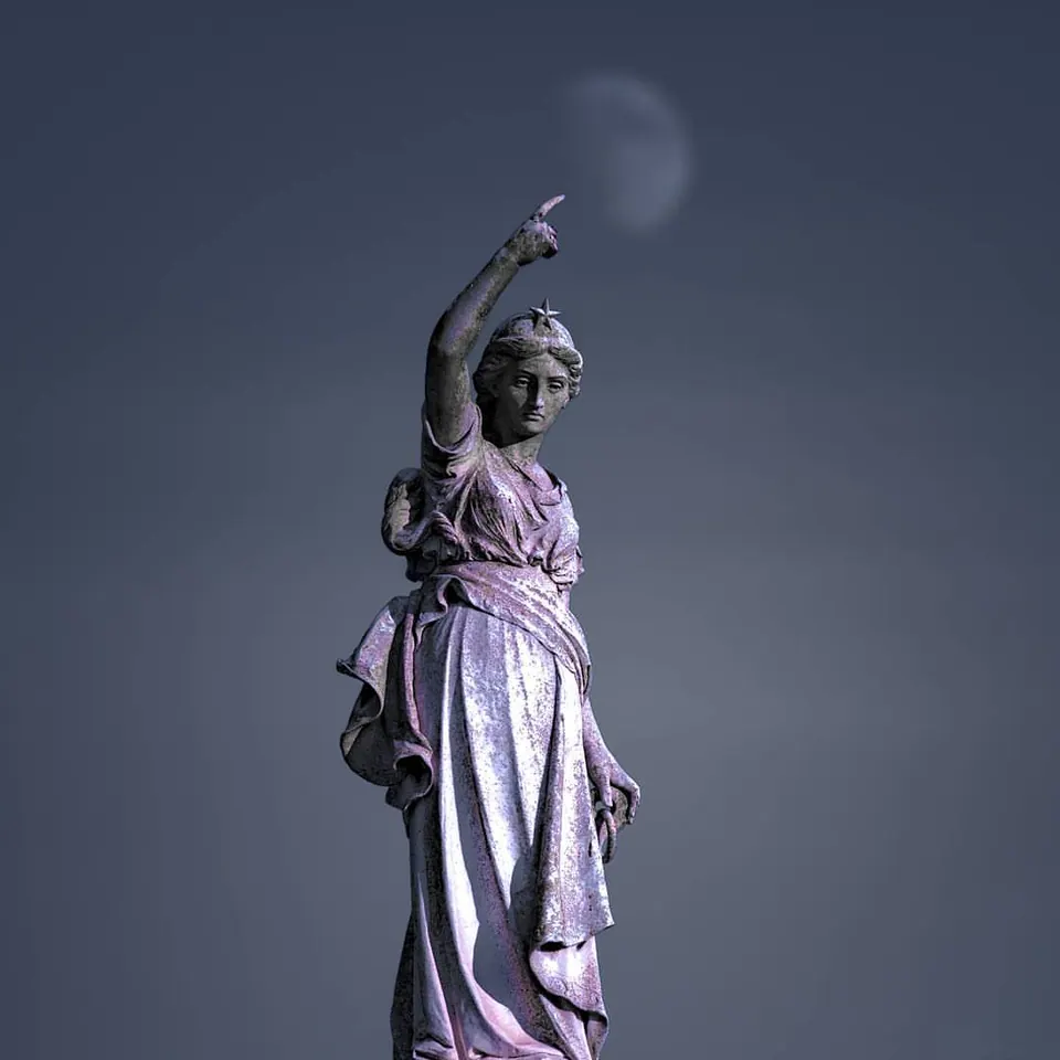 A pale statue raises an arm toward the moon against a blue sky.