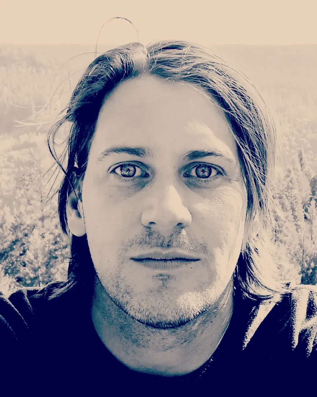 A close portrait of a person with long hair is rendered in pale blue tones.