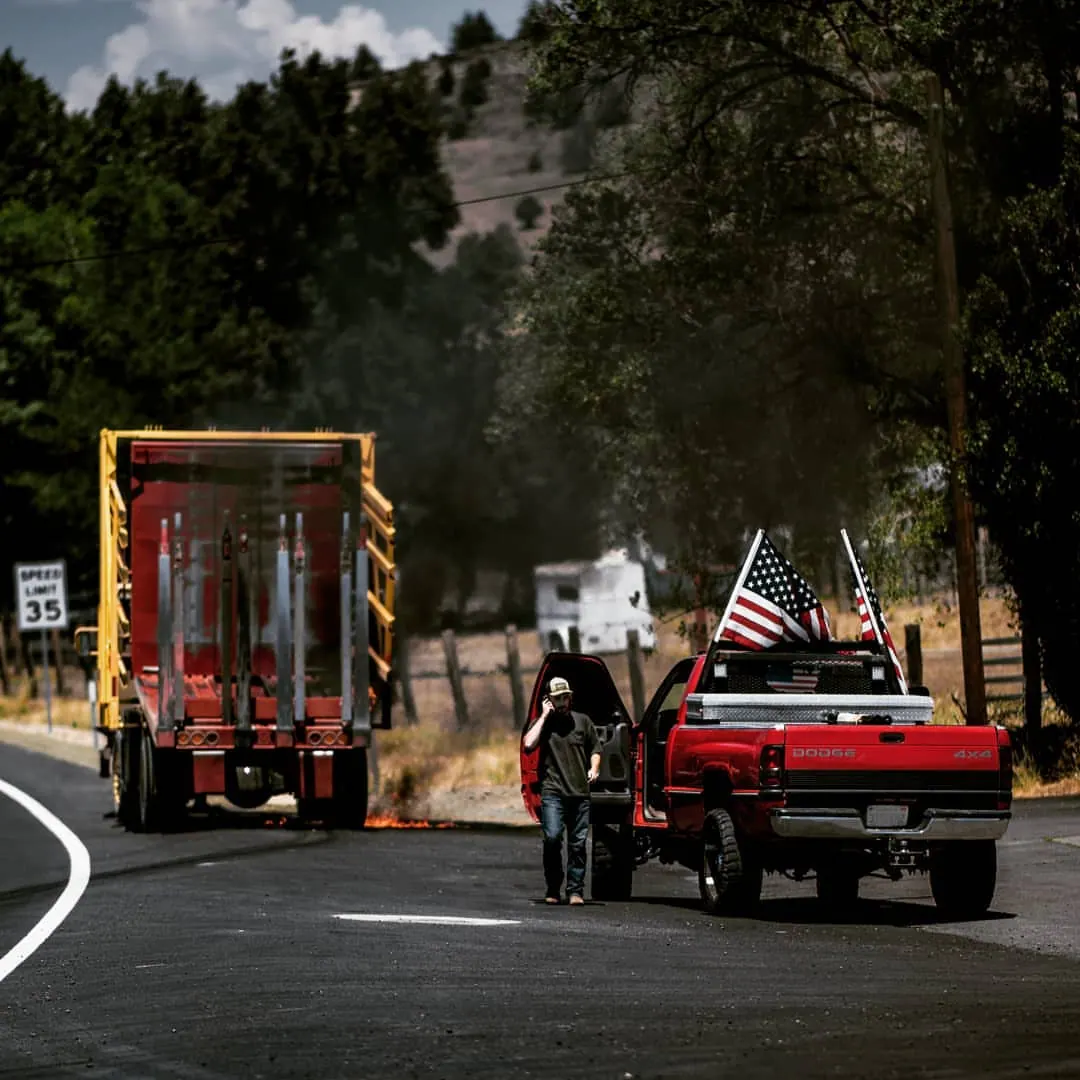 Vehicles and flags move along a small road bordered by trees.