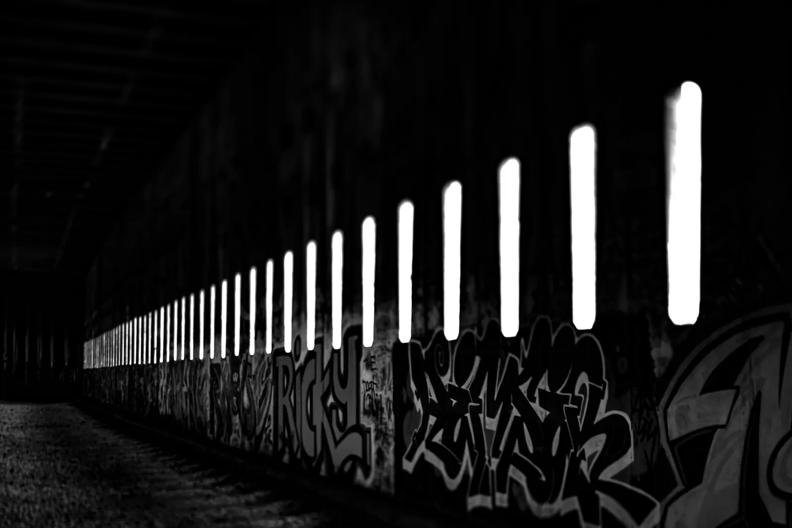 Bright narrow openings recede along the dark wall of a graffiti-covered passage.