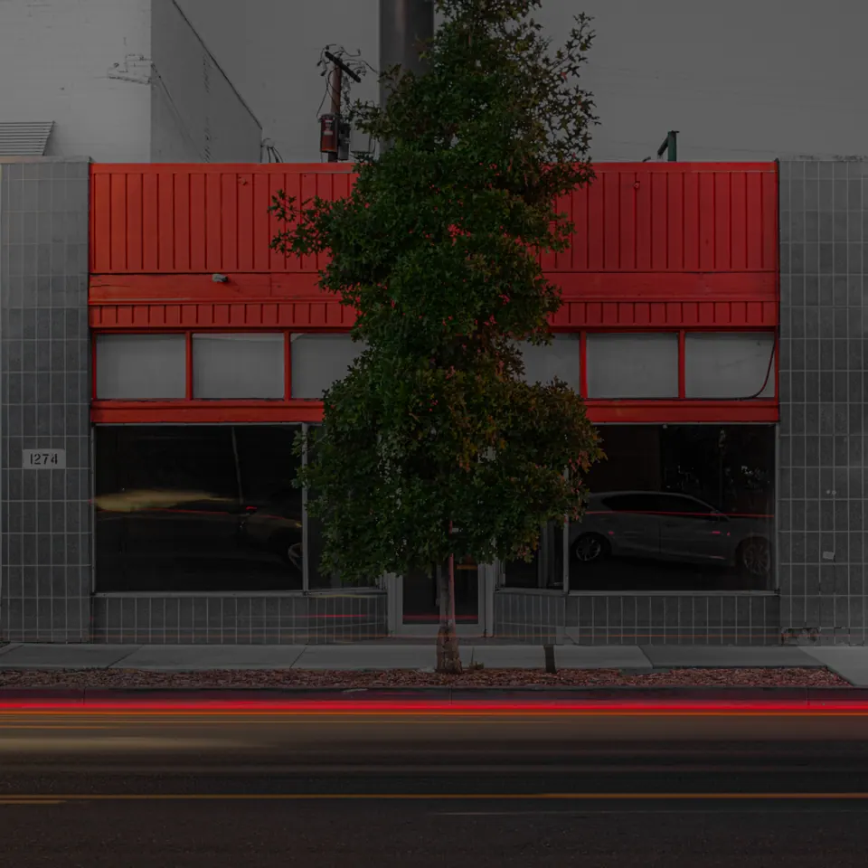 A slender tree interrupts the red and grey facade of a low building.