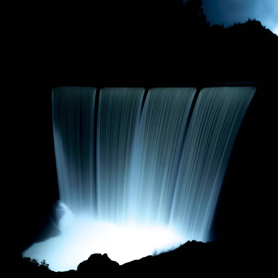 Smooth blue water spills over a dark ledge into a softly blurred pool.