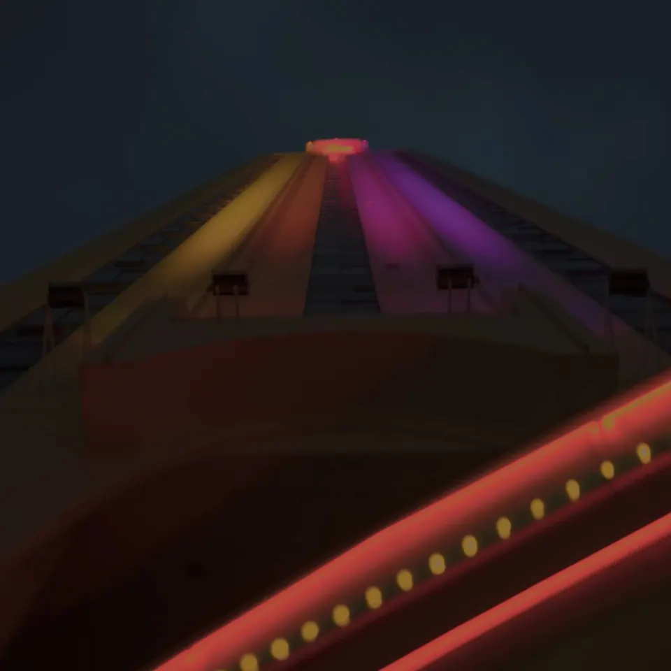 Coloured panels and small bulbs form a dark, angular canopy at night.