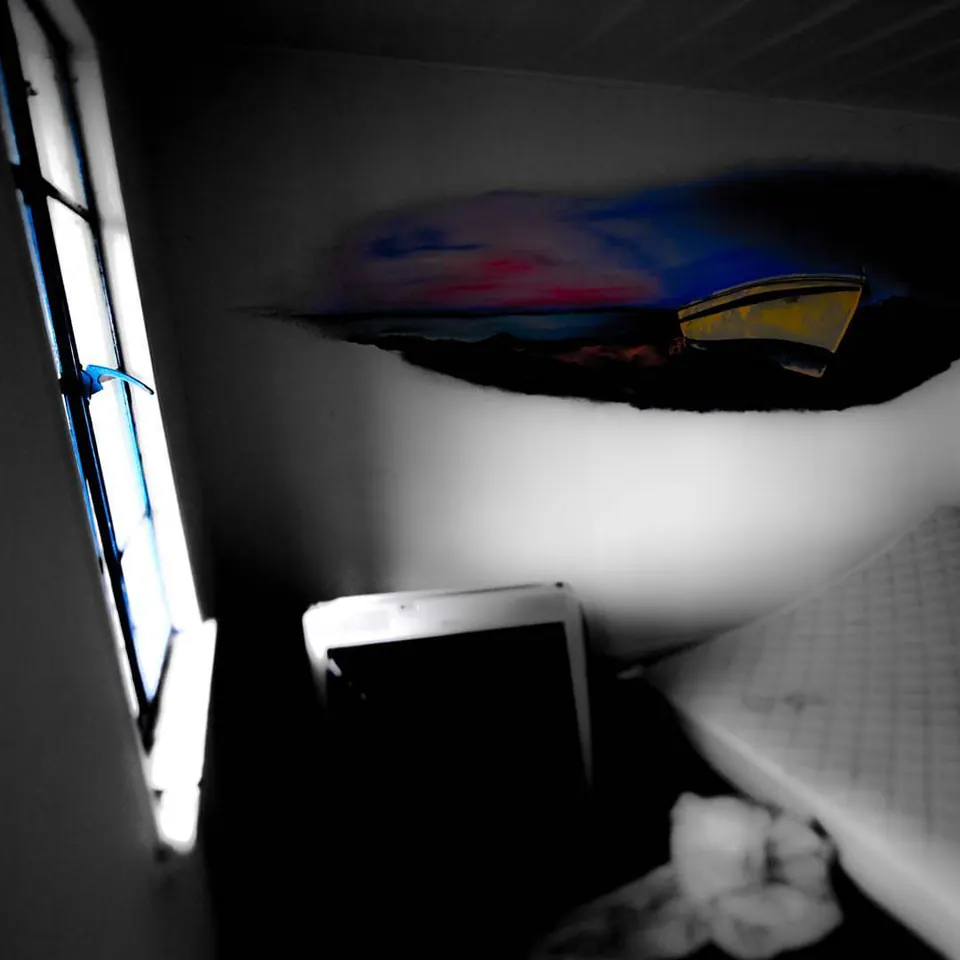 A long colourful object hangs above a dark interior beside a bright window.