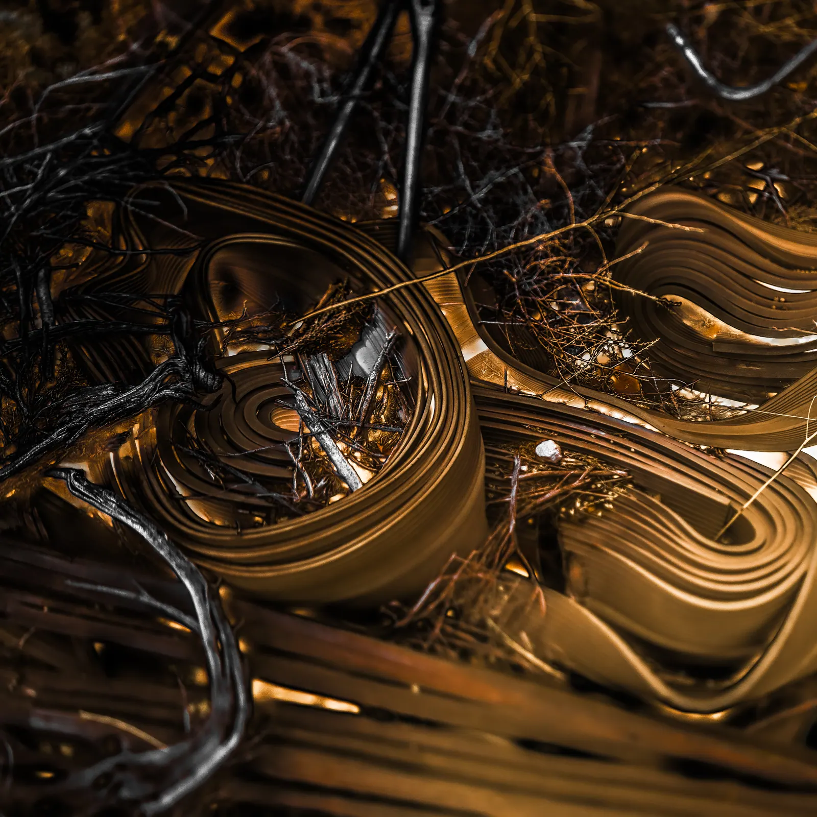Golden curves and dark branches overlap in an abstract night photograph.