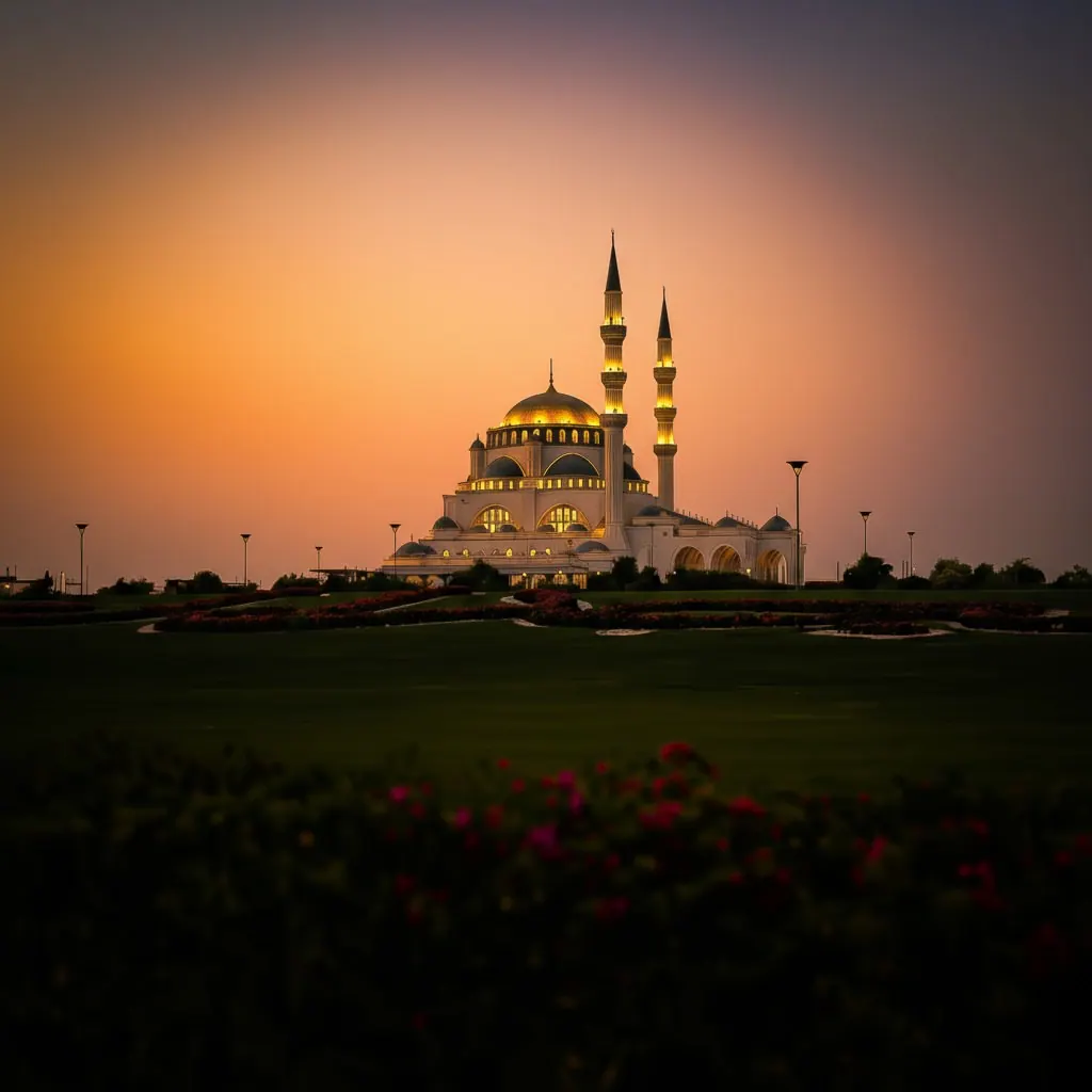 A mosque and its slender minarets are silhouetted against a warm evening sky.
