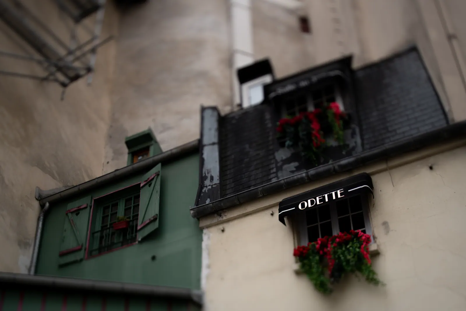 Red flowers hang from small balconies on a weathered Paris facade.