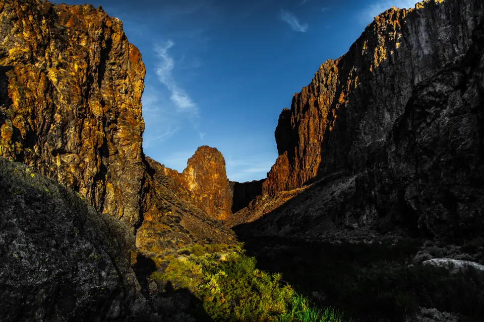 Golden rock walls enclose a green canyon beneath a clear blue sky.