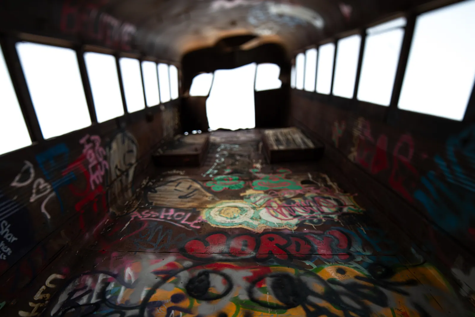 Graffiti covers the floor and windows of an abandoned bus.