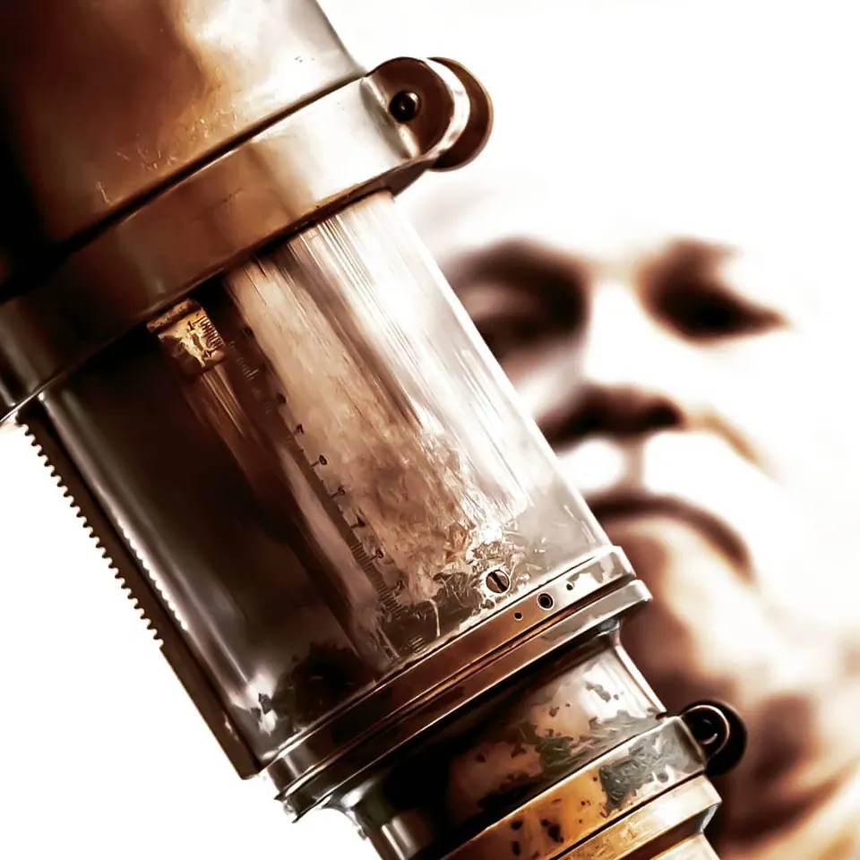 Warm light catches the curves and fastenings of a brass optical instrument.