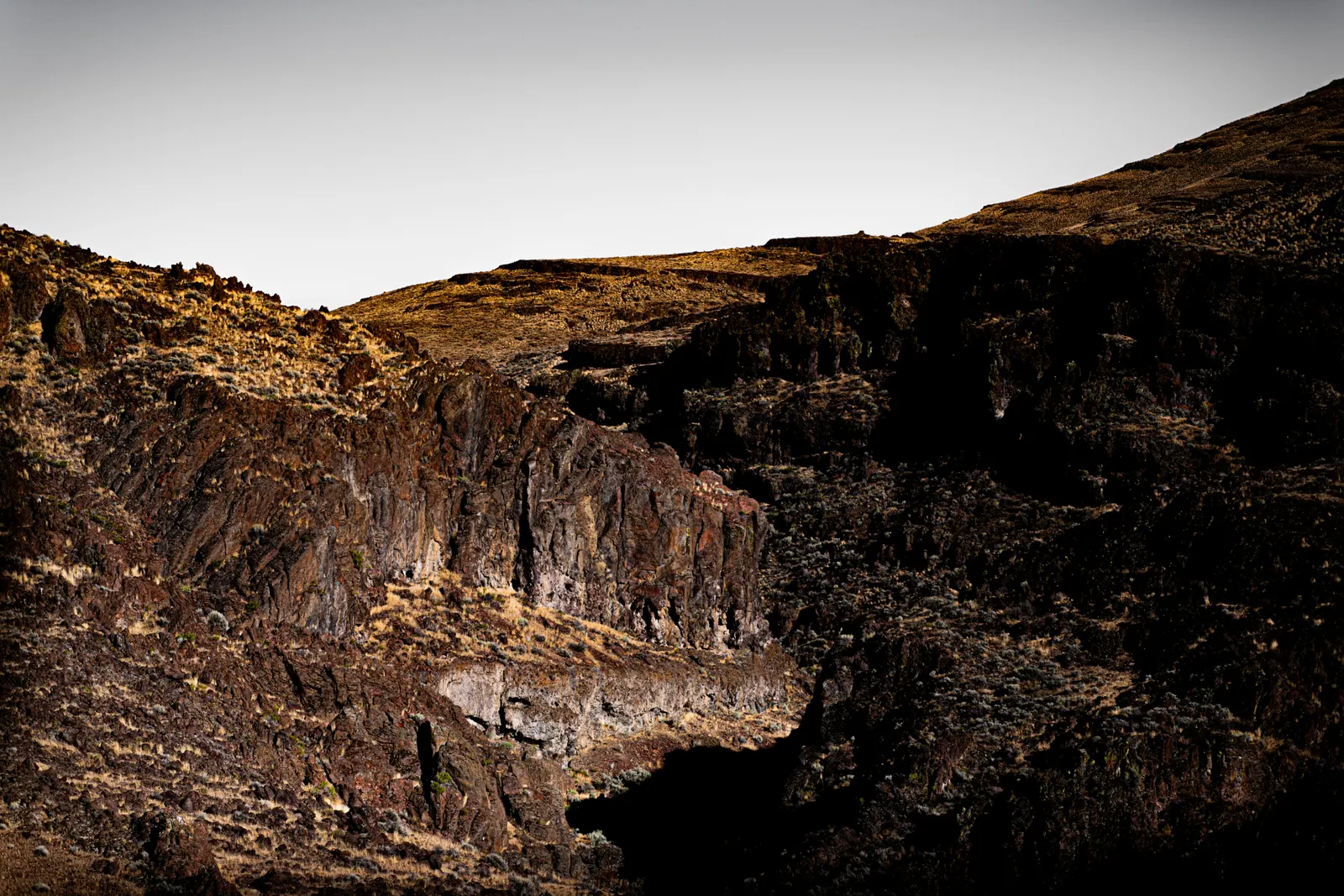 A rough rock ledge drops into a deep, shadowed canyon.