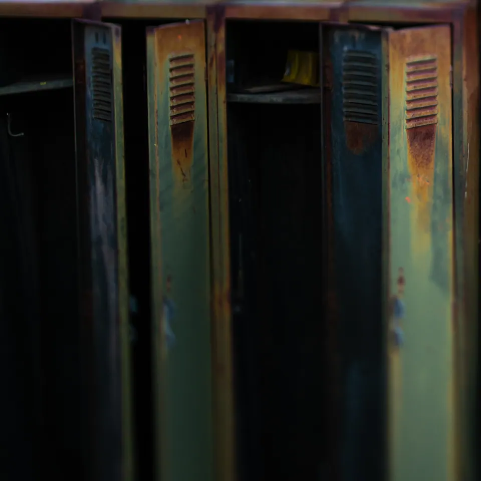 Weathered metal lockers show traces of blue, yellow and red paint.