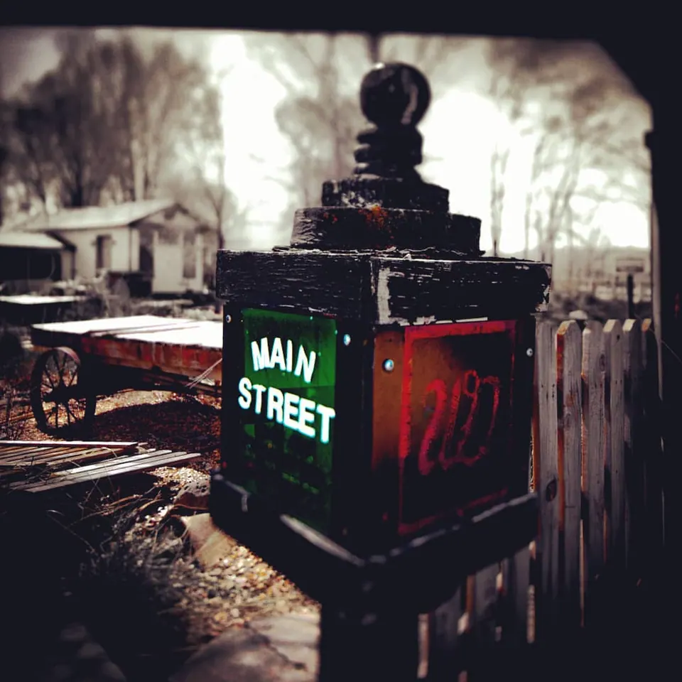 A weathered post with coloured street lettering stands among trees and pale ground.