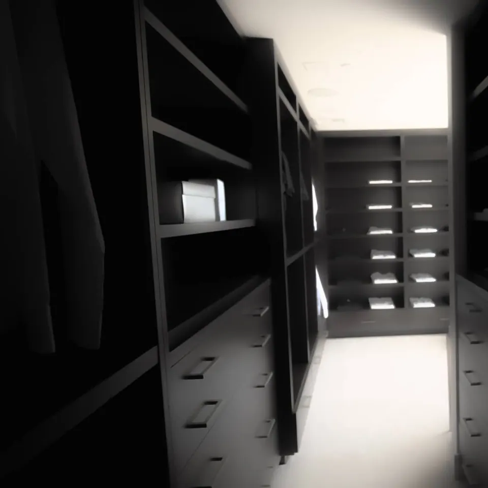Rows of empty shelves lead toward a bright opening in a narrow monochrome room.