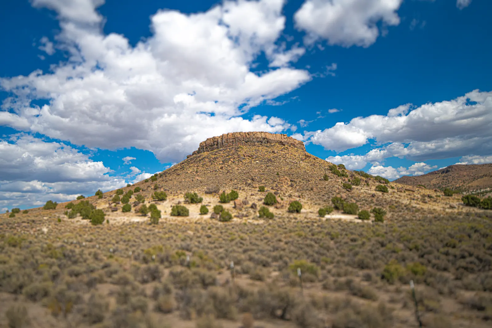A low, rounded hill rises above desert scrub under large white clouds.