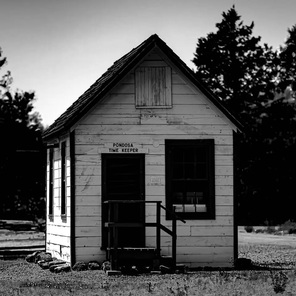 A simple white wooden building sits beneath trees in black and white.