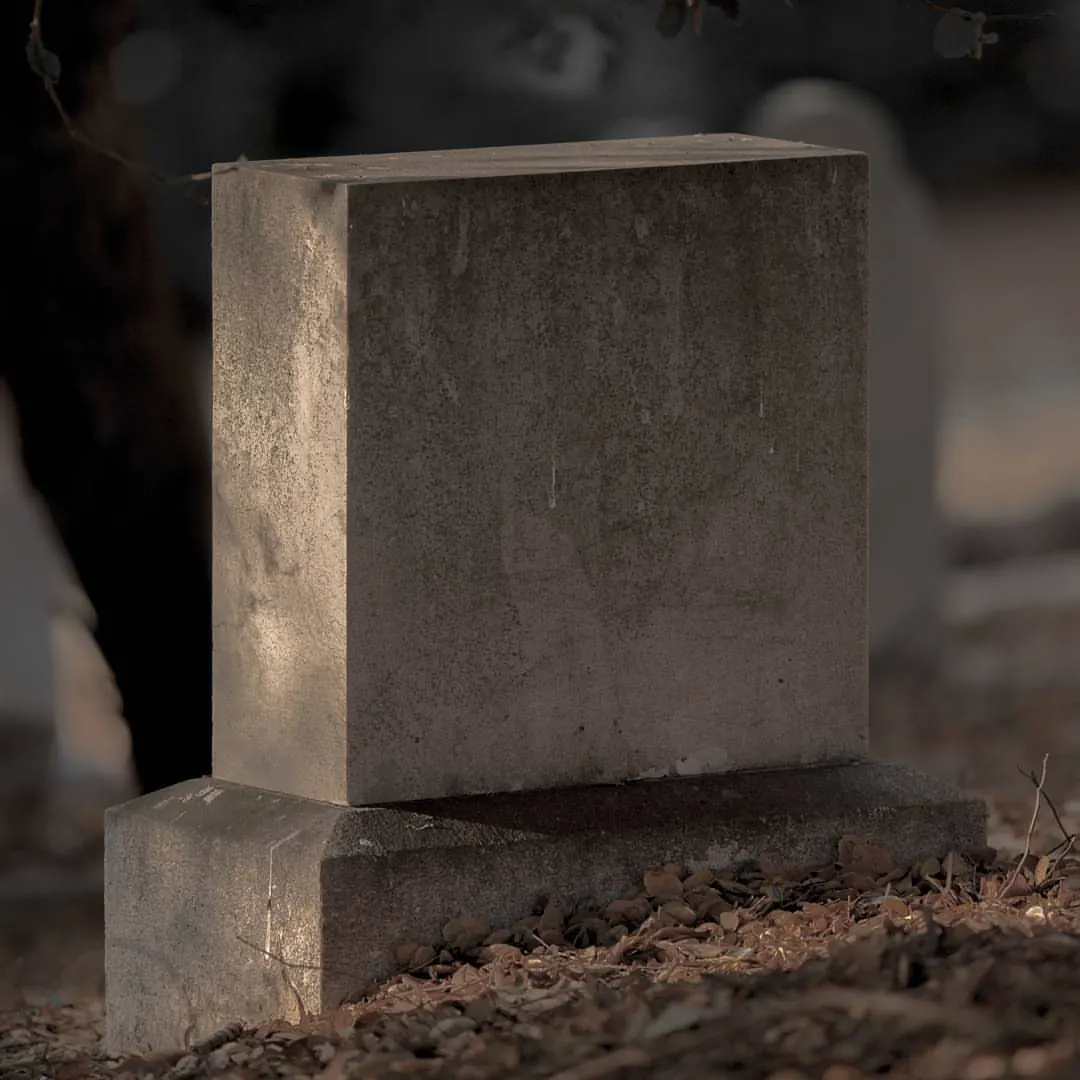 A simple rectangular stone marker stands among fallen leaves and shadows.