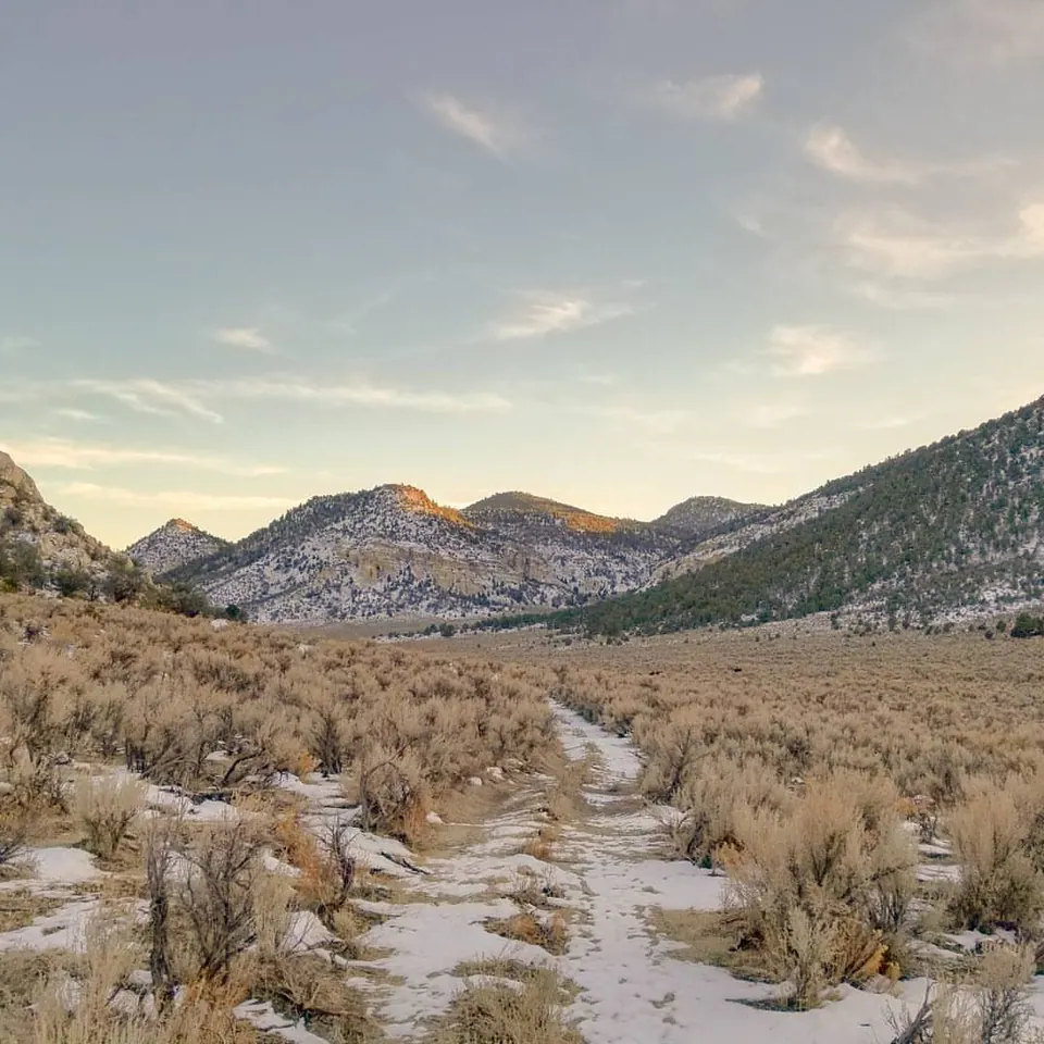 A pale path leads through open scrub toward layered mountain ridges.