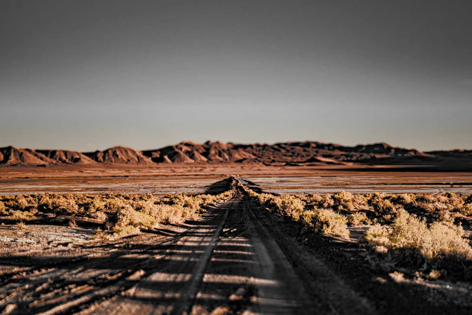 Weathered railway tracks lead into a dry landscape of low rust-coloured hills.