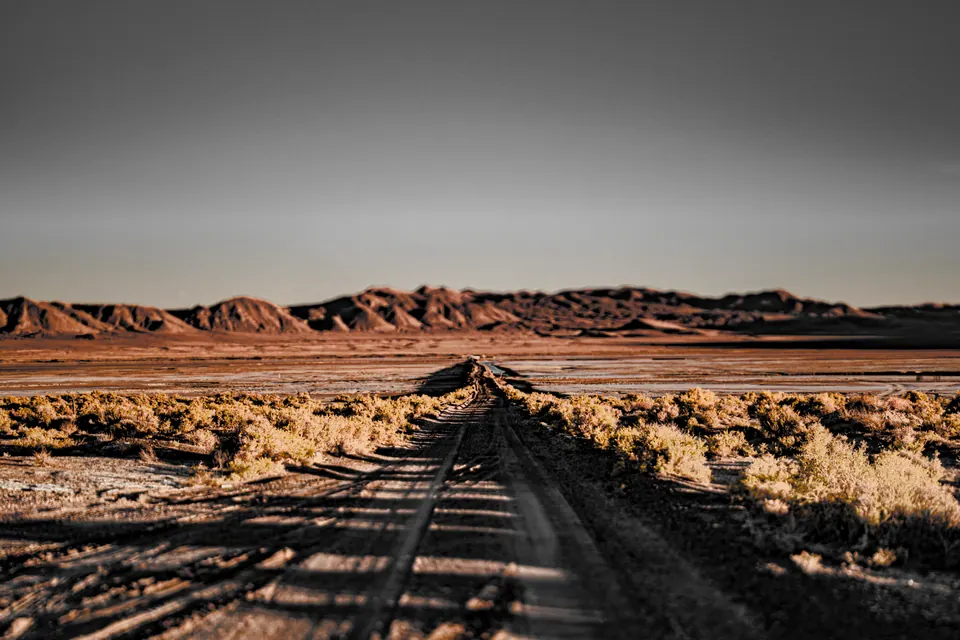 Weathered railway tracks lead into a dry landscape of low rust-coloured hills.