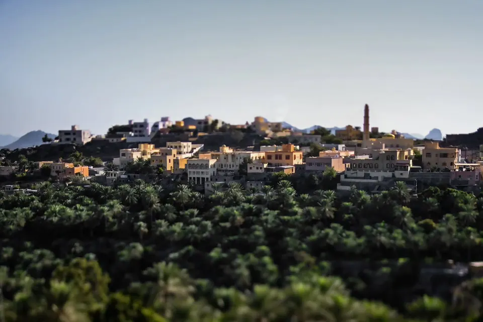 Pale buildings rise above dense trees along a rocky ridge.