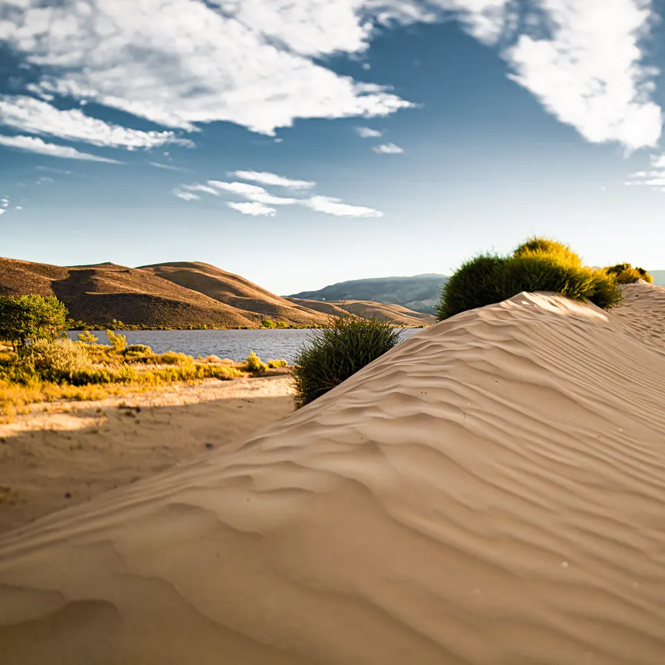 Ripples cross a sand dune bordered by tufts of grass beneath a blue sky.